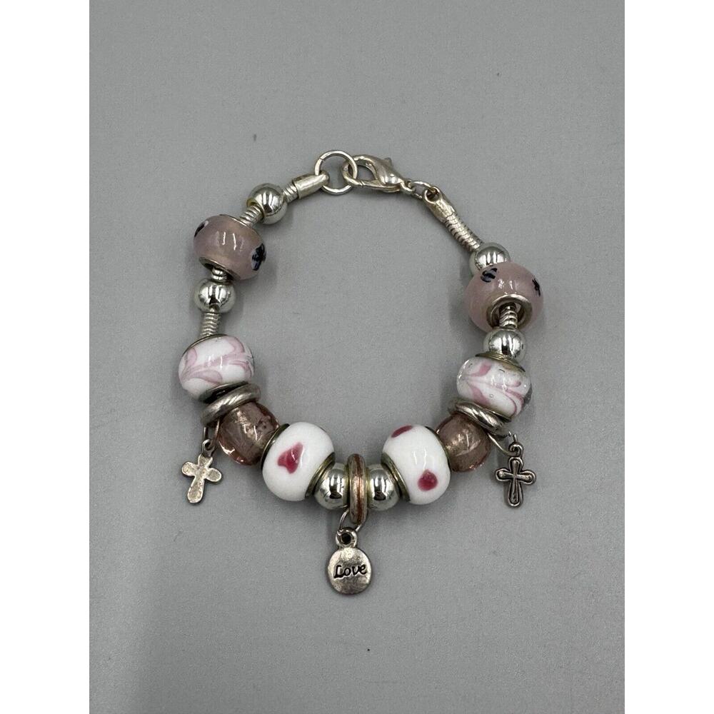 Bead Beaded Bracelet W/ Silver Colored Cross Shaped & Love Charms READ DETAILS